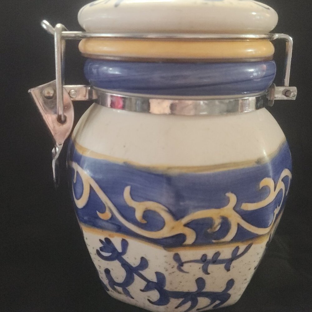 California Pantry Ceramic Canister Royal Blue Yellow Vine Pattern Vintage 2000